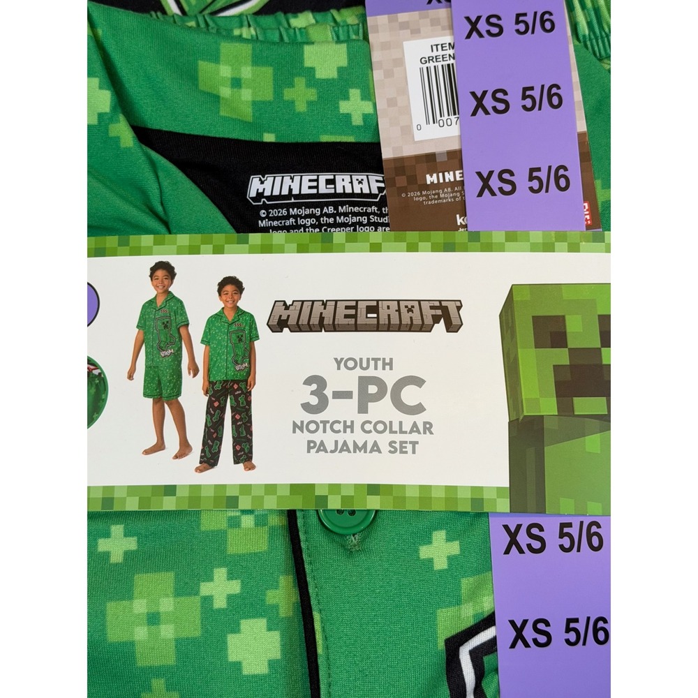 Minecraft Boys 3-Piece Notch Collar Pajama Set Creeper TNT Green XS 5/6 Gamer